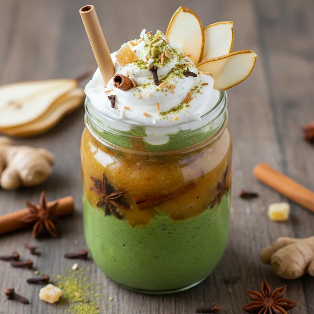 Ginger-Spiced Pear and Matcha Smoothie with Coconut Whip