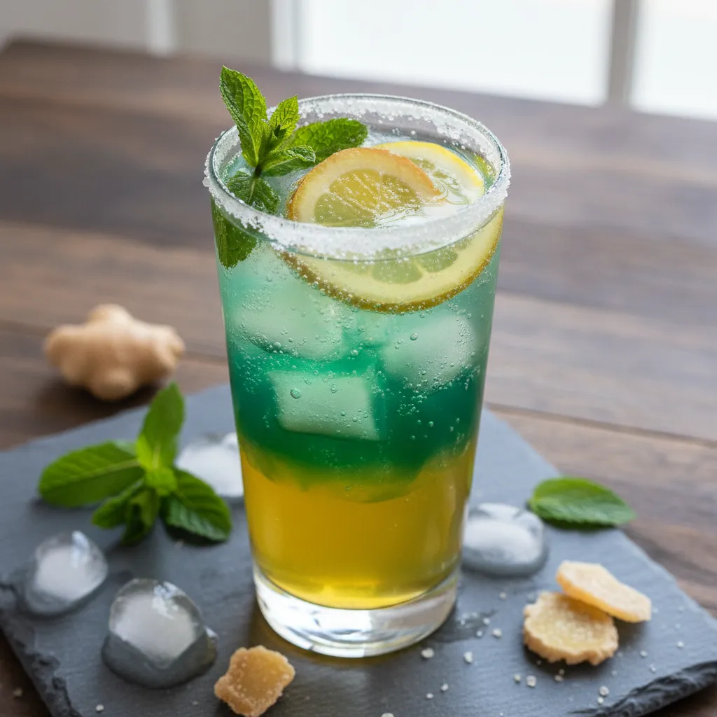 Ginger Limoncello Sparkler with Spirulina and Mint