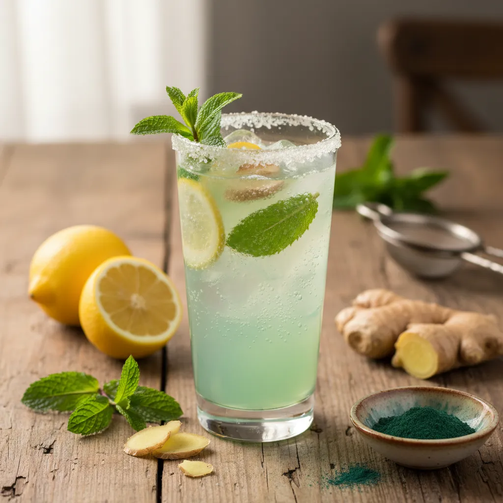 Ginger Limoncello Sparkler with Spirulina and Mint