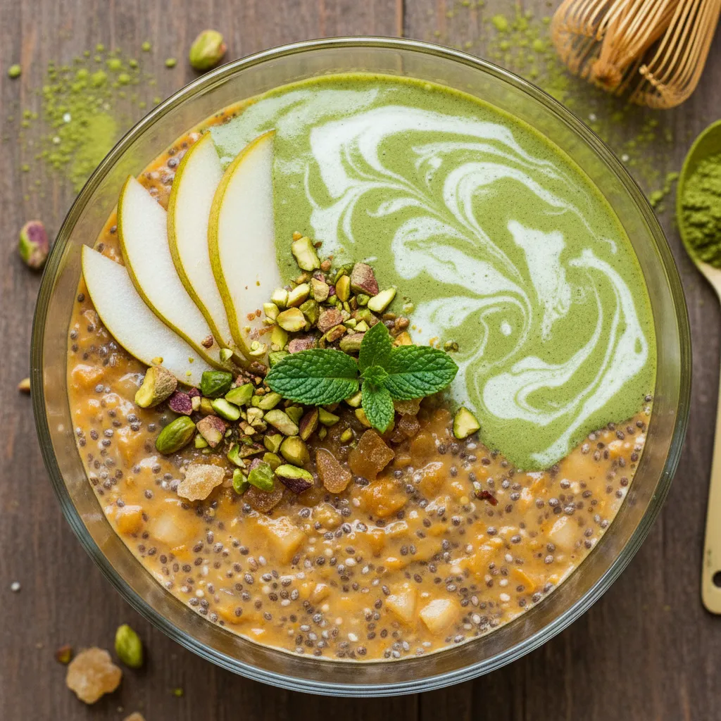 Ginger Pear Chia Energy Pudding with Matcha Drizzle