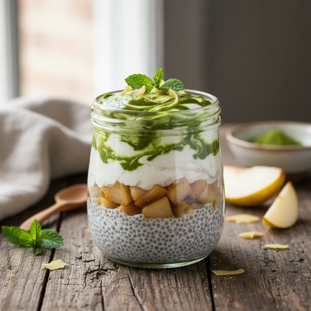 Ginger Pear Chia Energy Pudding with Matcha Drizzle