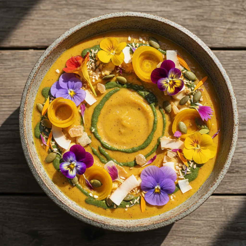 Golden Beet and Ginger Smoothie Bowl with Edible Flowers