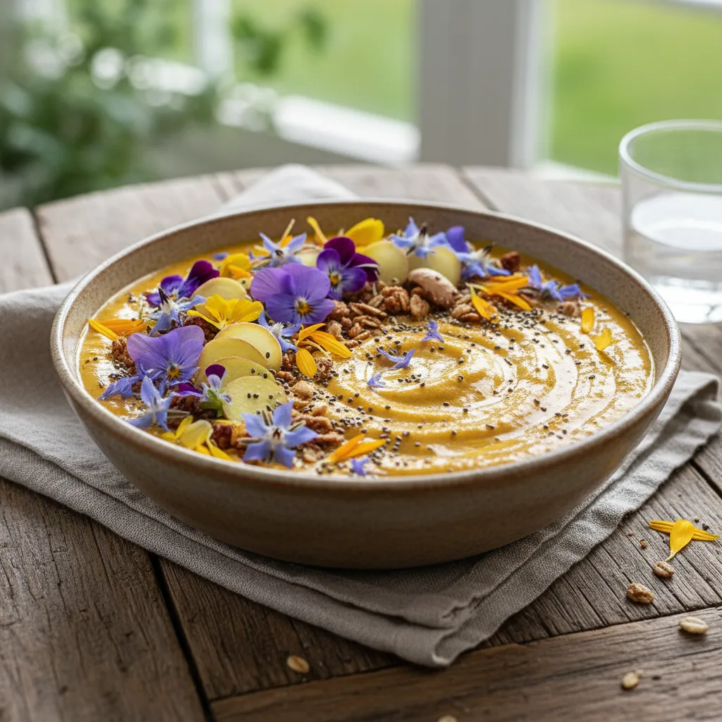 Golden Beet and Ginger Smoothie Bowl with Edible Flowers