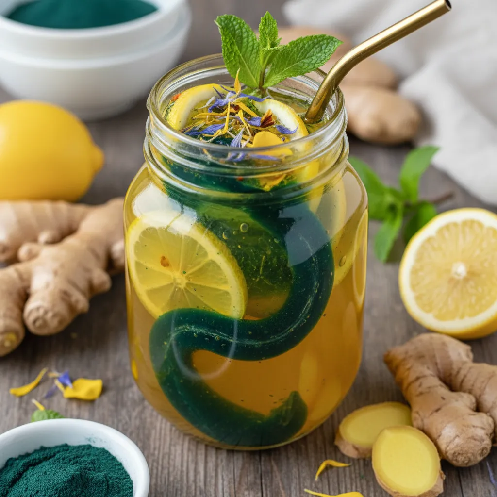 Golden Turmeric Ginger Lemonade with Spirulina Swirl