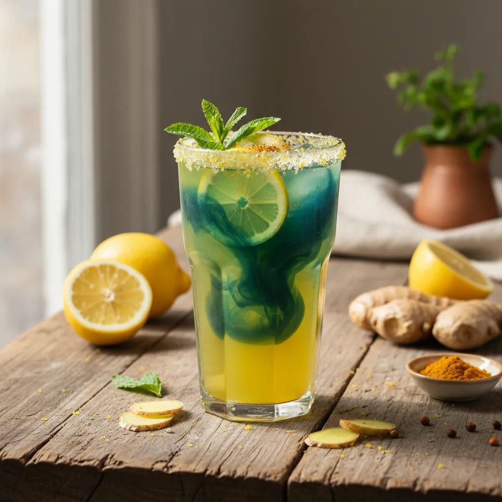 Golden Turmeric Ginger Lemonade with Spirulina Swirl