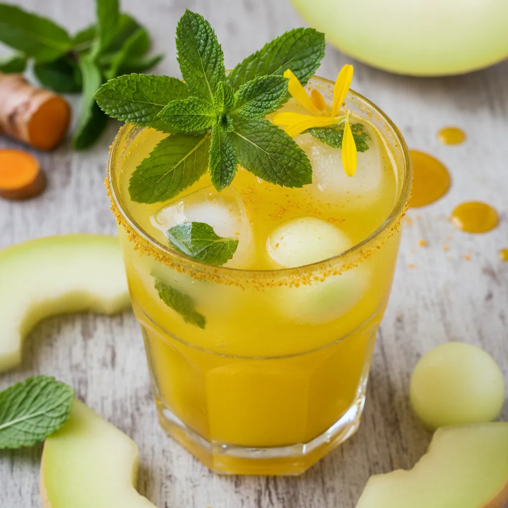 Golden Turmeric Honeydew Mocktail With Fresh Mint
