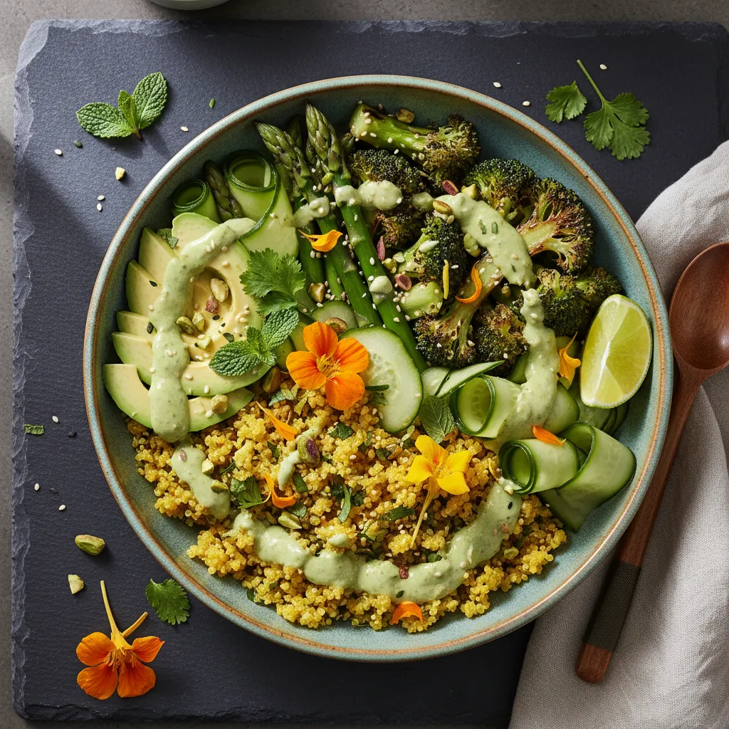 Green Goddess Turmeric Quinoa Bowl with Avocado Miso Dressing
