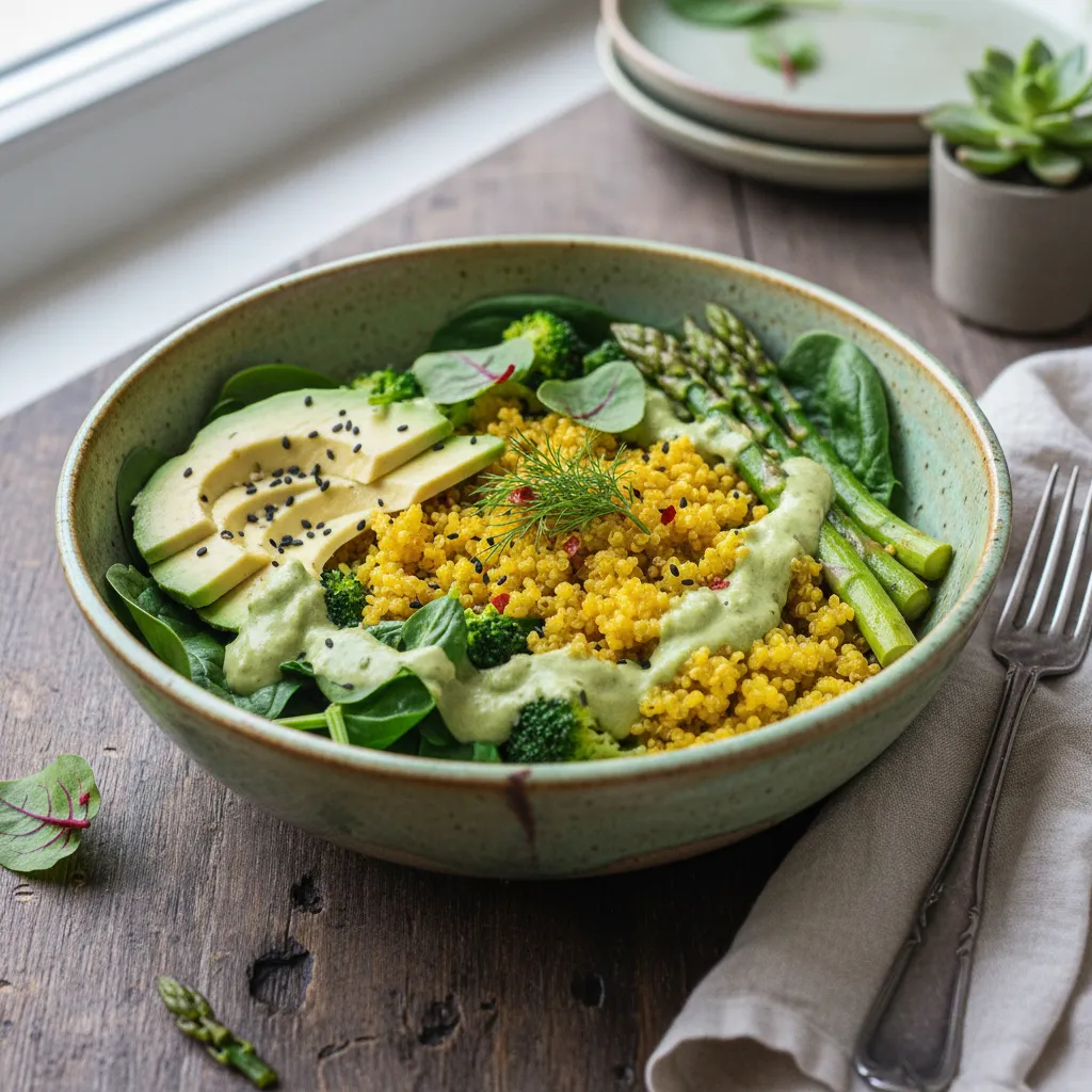Green Goddess Turmeric Quinoa Bowl with Avocado Miso Dressing