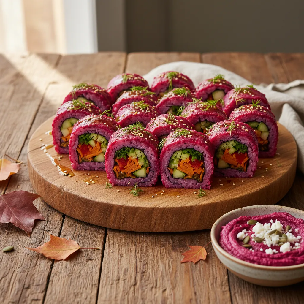 Harvest Veggie Sushi Rolls with Beet Hummus
