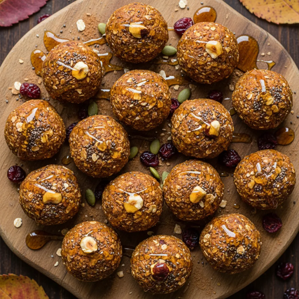Hazelnut Pumpkin Energy Bites with Maple Drizzle