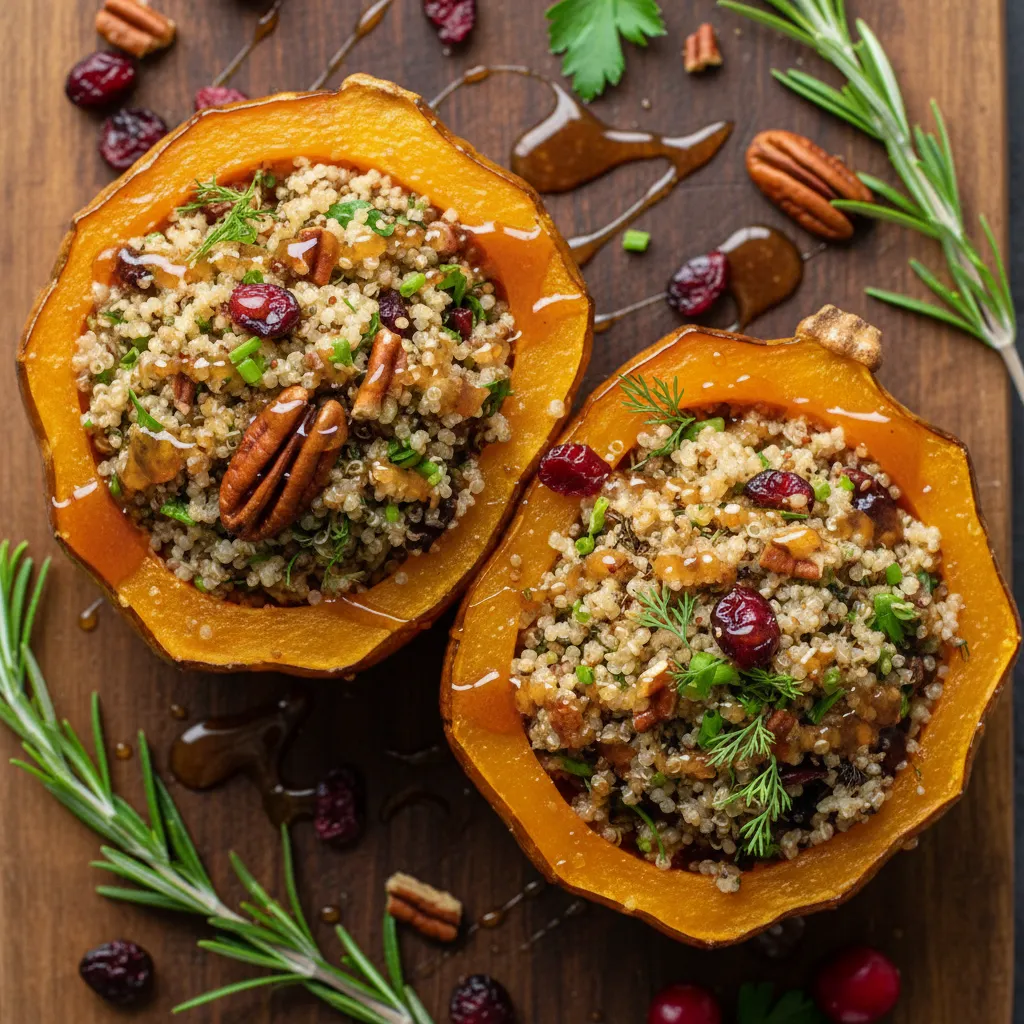 Herbed Quinoa-Stuffed Delicata Squash with Cranberry-Maple Drizzle