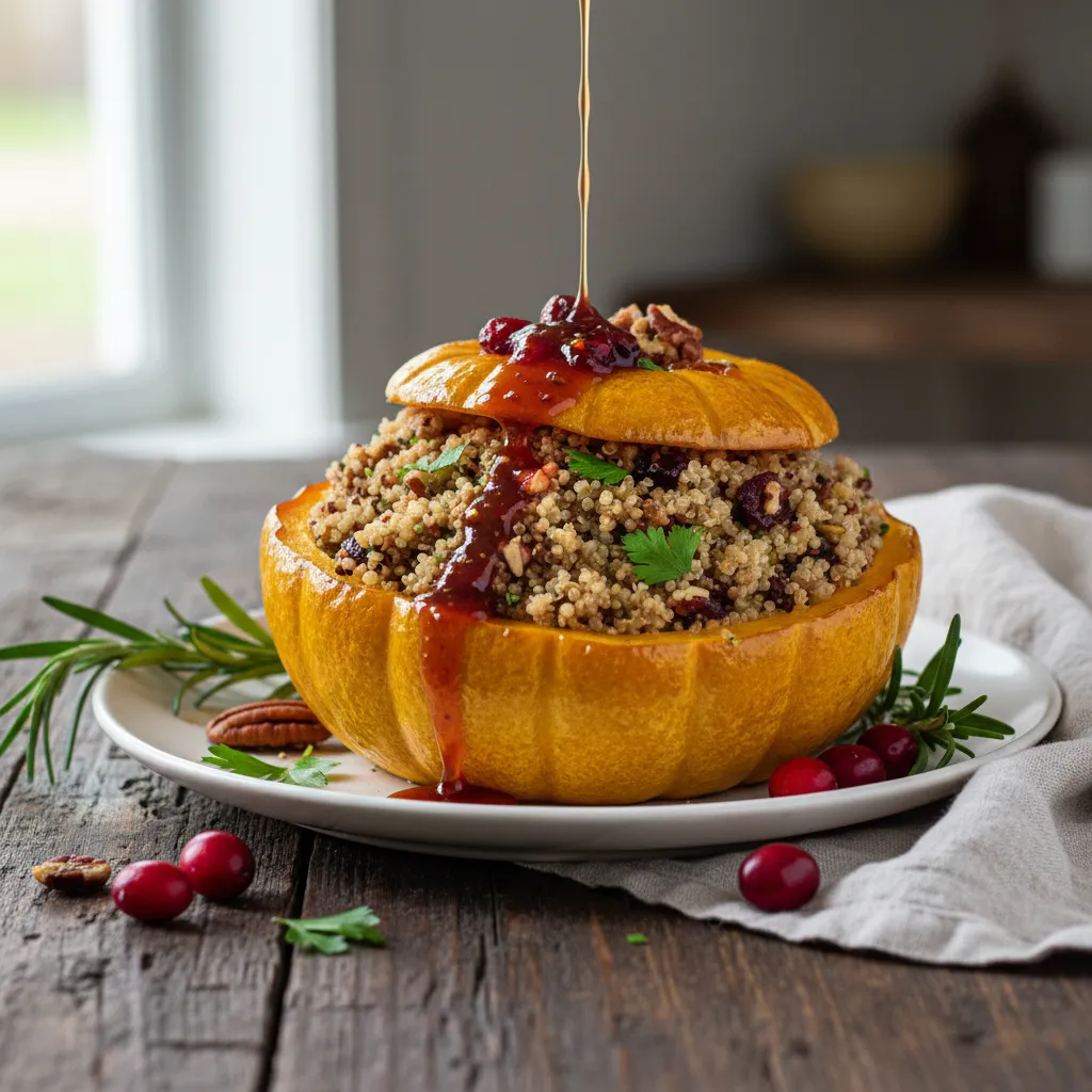 Herbed Quinoa-Stuffed Delicata Squash with Cranberry-Maple Drizzle