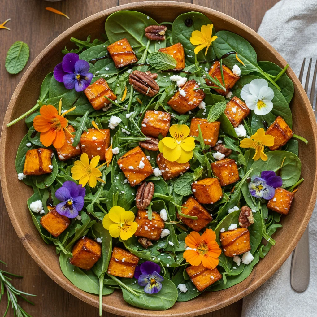 Honey-Roasted Sweet Potato and Edible Flower Salad