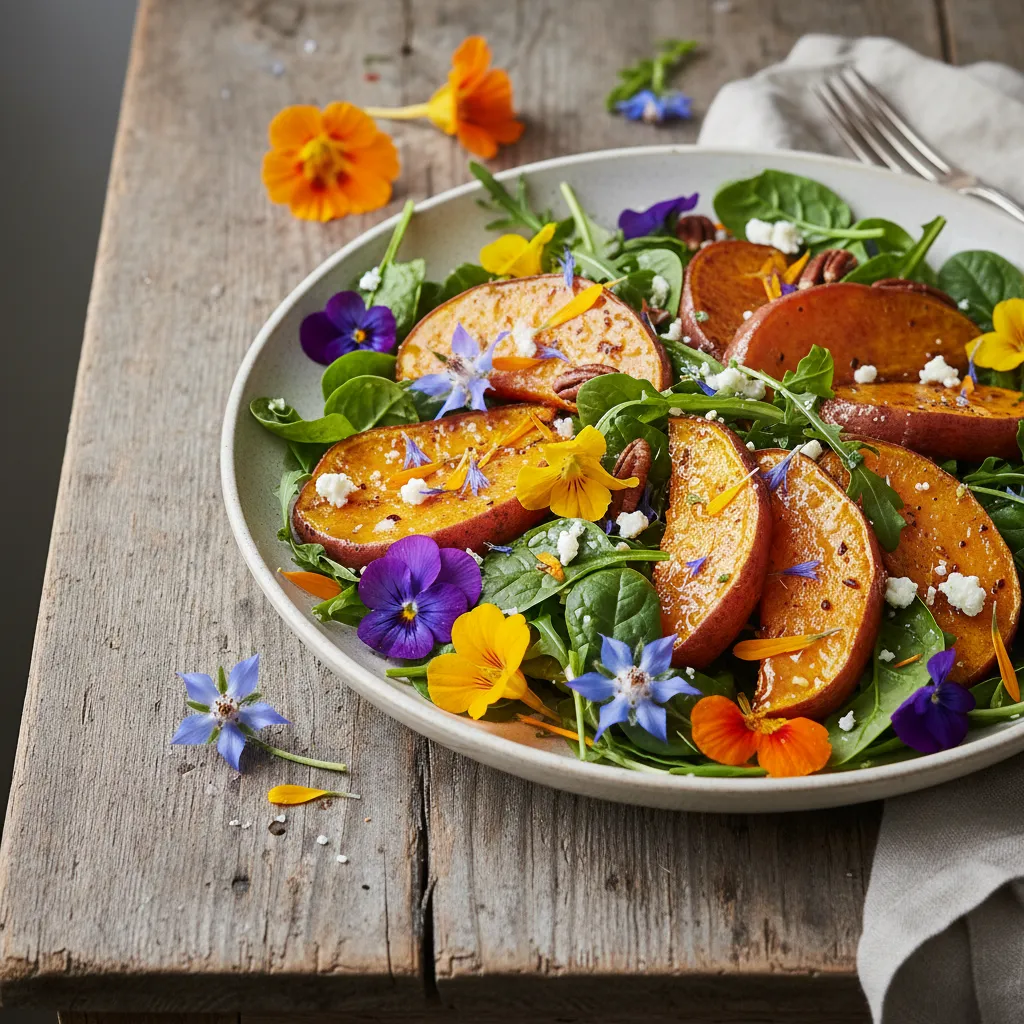 Honey-Roasted Sweet Potato and Edible Flower Salad