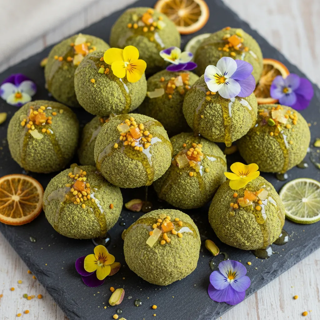 Honey Citrus Matcha Energy Bites with Edible Flower Garnish