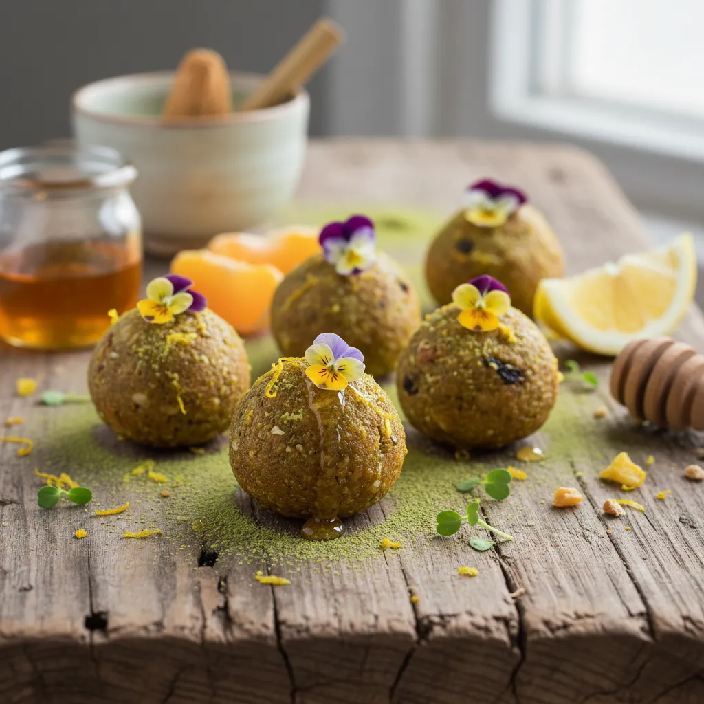 Honey Citrus Matcha Energy Bites with Edible Flower Garnish