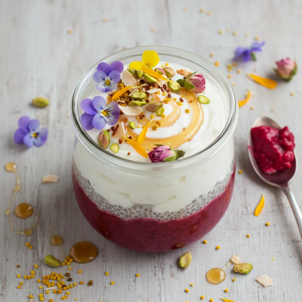 Honeyed Beetroot and Coconut Chia Pudding with Edible Flower Garnish