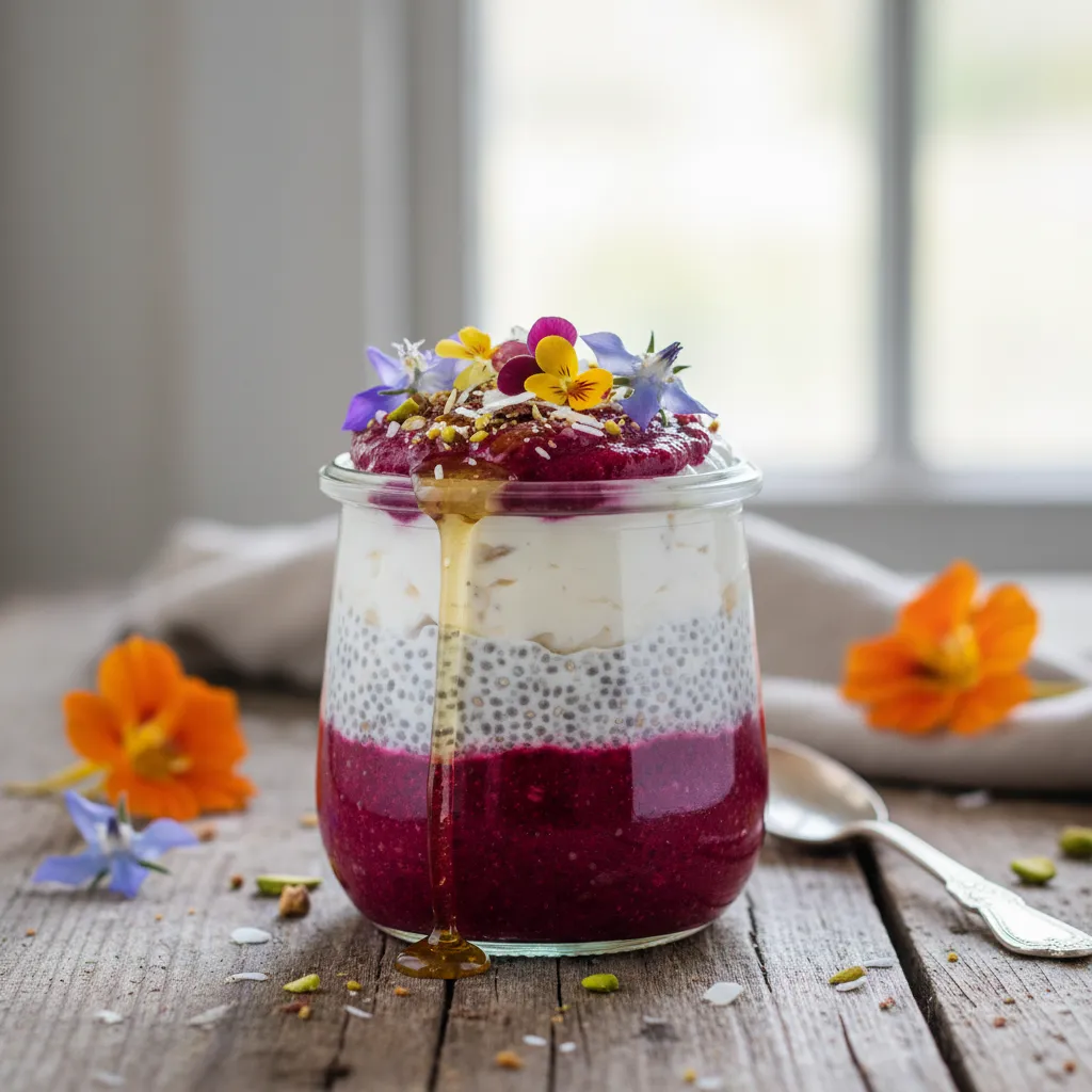 Honeyed Beetroot and Coconut Chia Pudding with Edible Flower Garnish