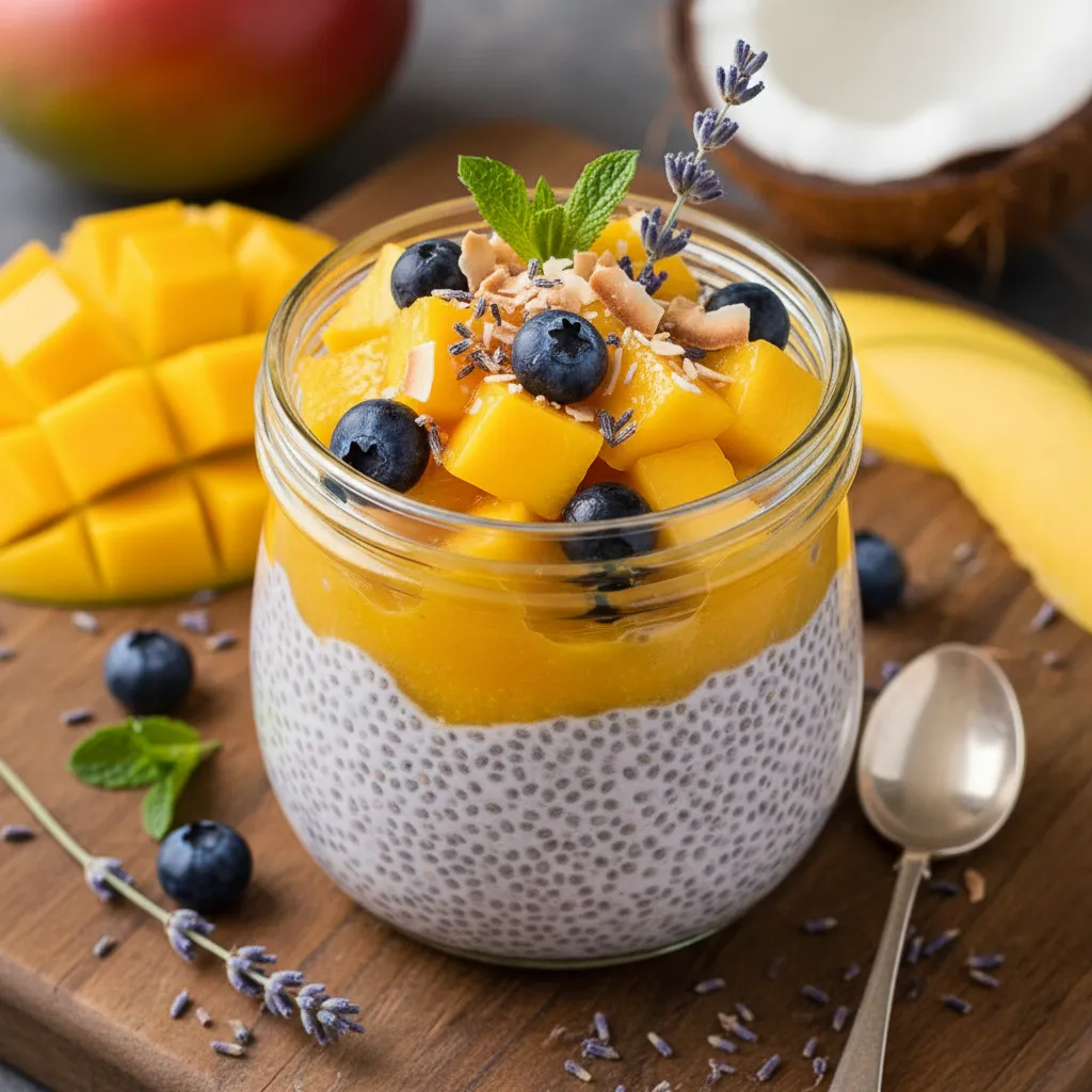 Lavender Infused Coconut Chia Seed Pudding with Fresh Mango