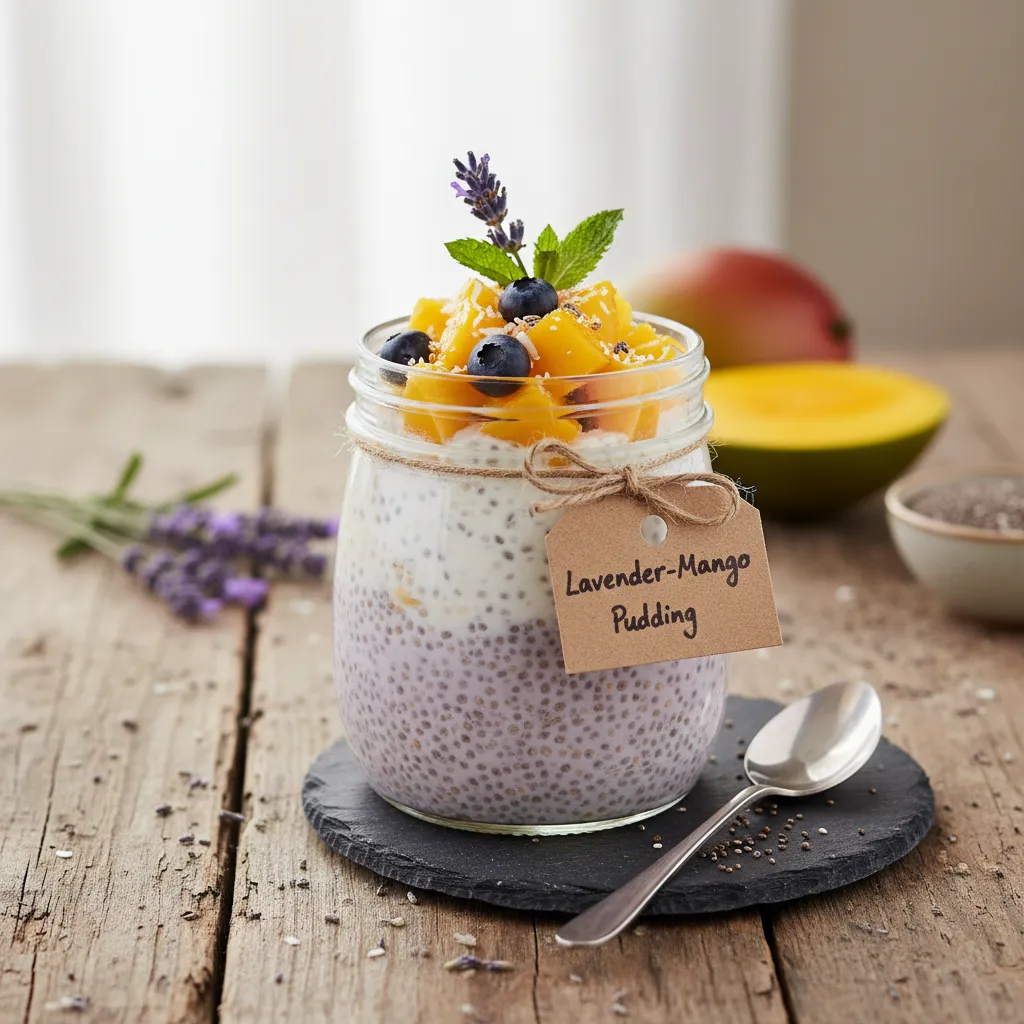 Lavender Infused Coconut Chia Seed Pudding with Fresh Mango