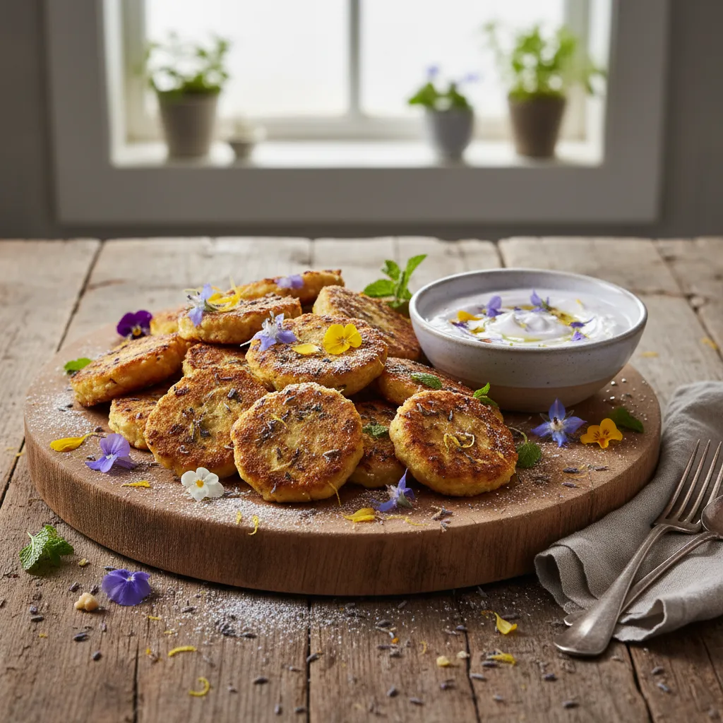 Lavender Infused Lemon Chickpea Fritters with Edible Flowers