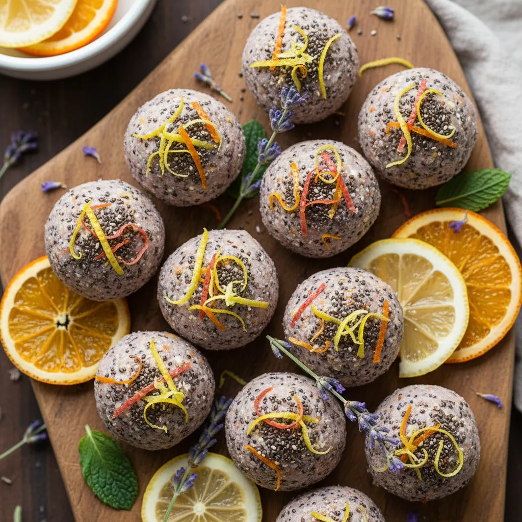 Lavender Lemon Chia Bites with Seasonal Citrus Zest
