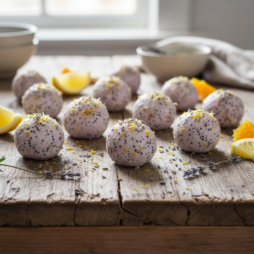 Lavender Lemon Chia Bites with Seasonal Citrus Zest