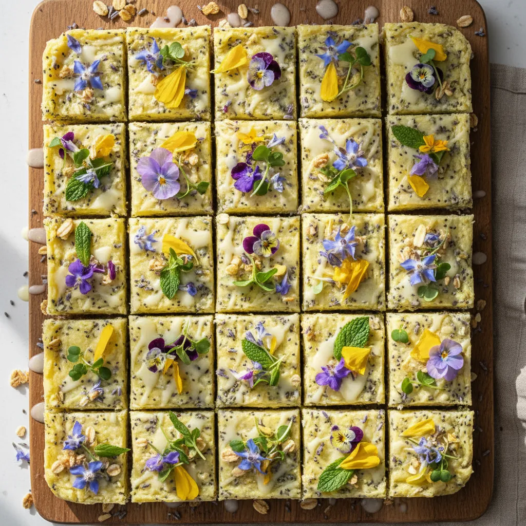 Lavender Lemon Chia Bliss Bars with Edible Flowers