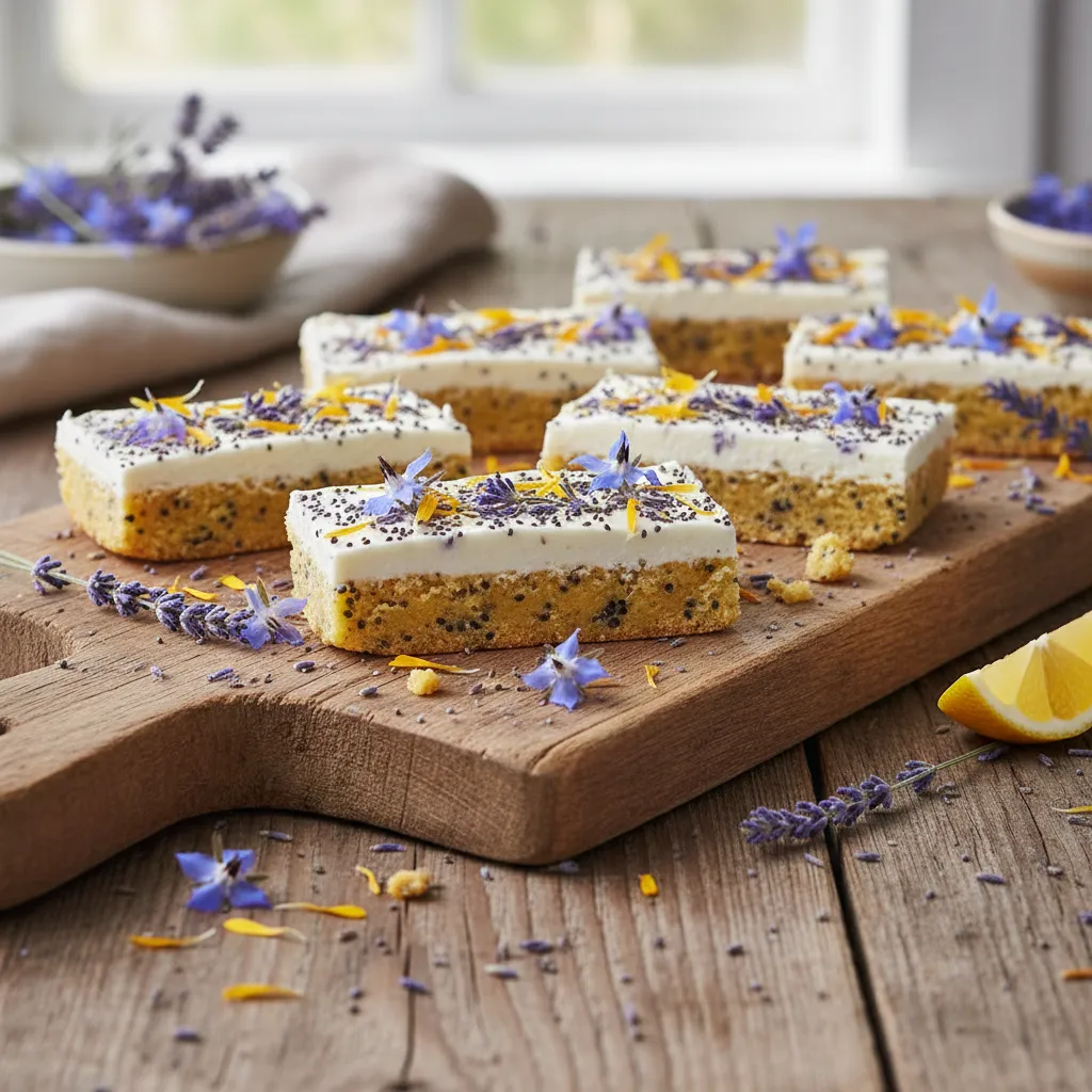 Lavender Lemon Chia Bliss Bars with Edible Flowers