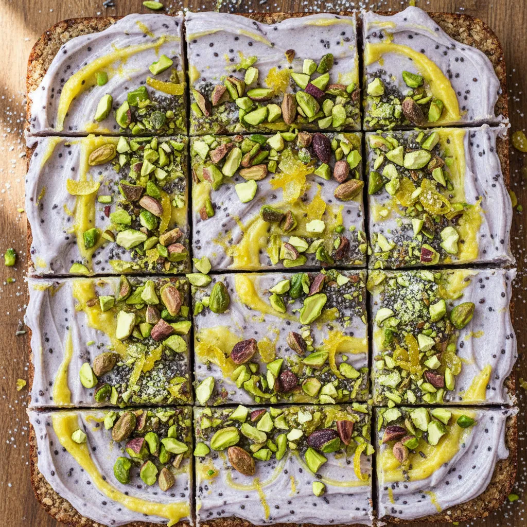 Lavender Lemon Chia Bliss Bars with Pistachio Crunch