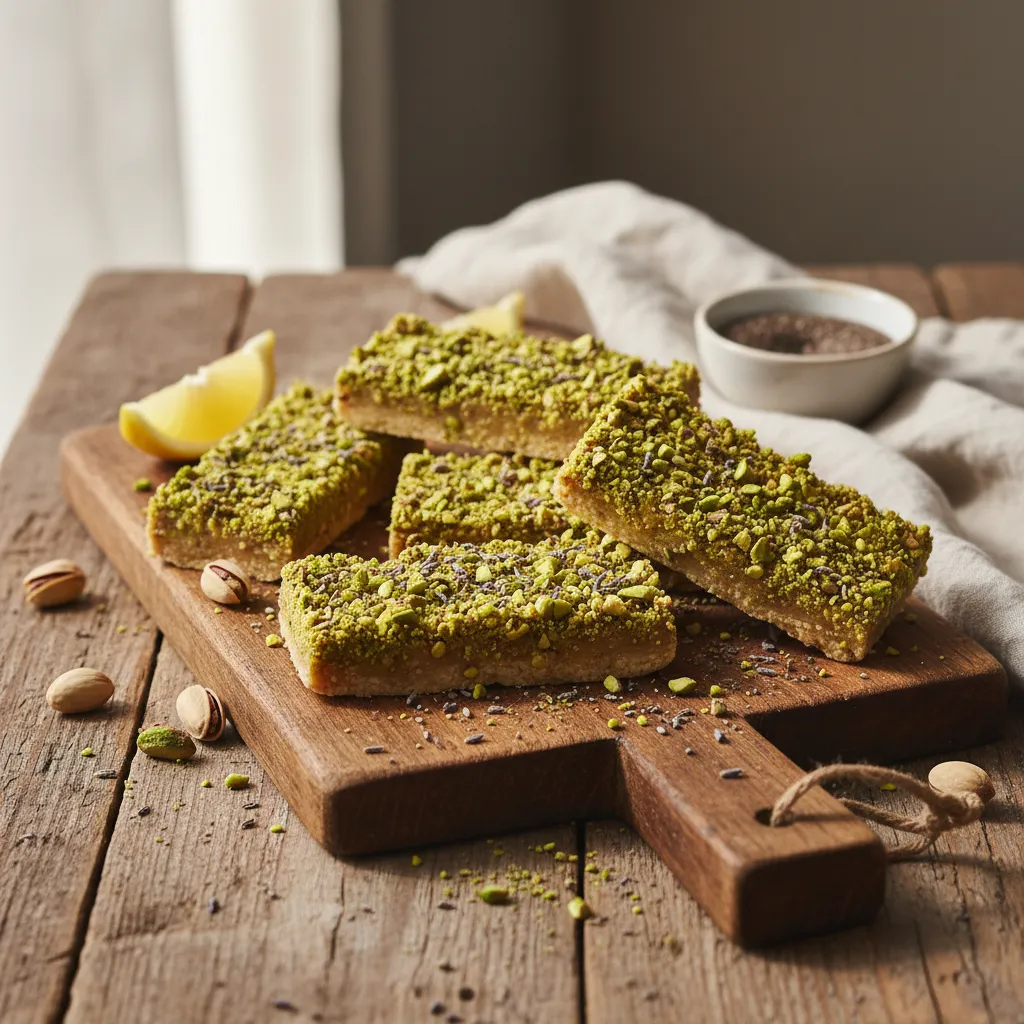 Lavender Lemon Chia Bliss Bars with Pistachio Crunch