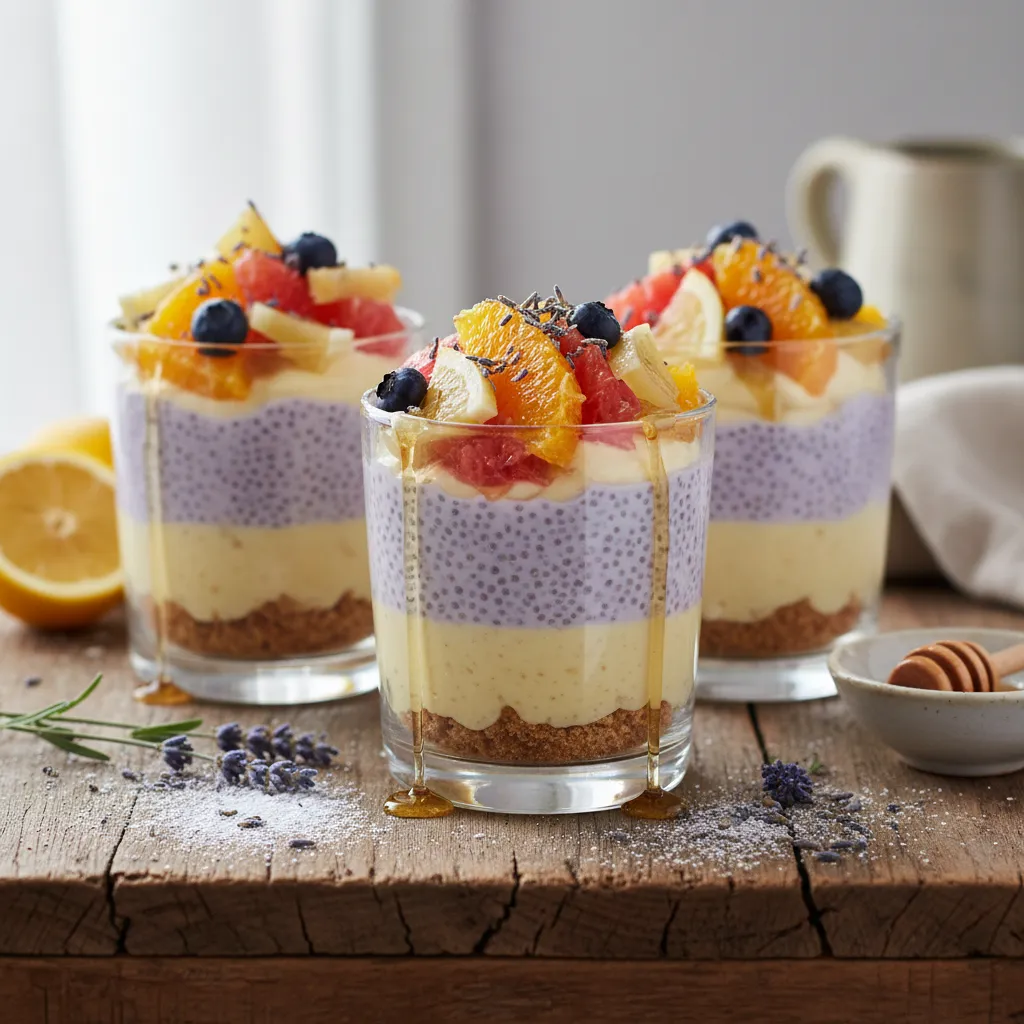Lavender Lemon Chia Custard Parfaits with Honeyed Citrus