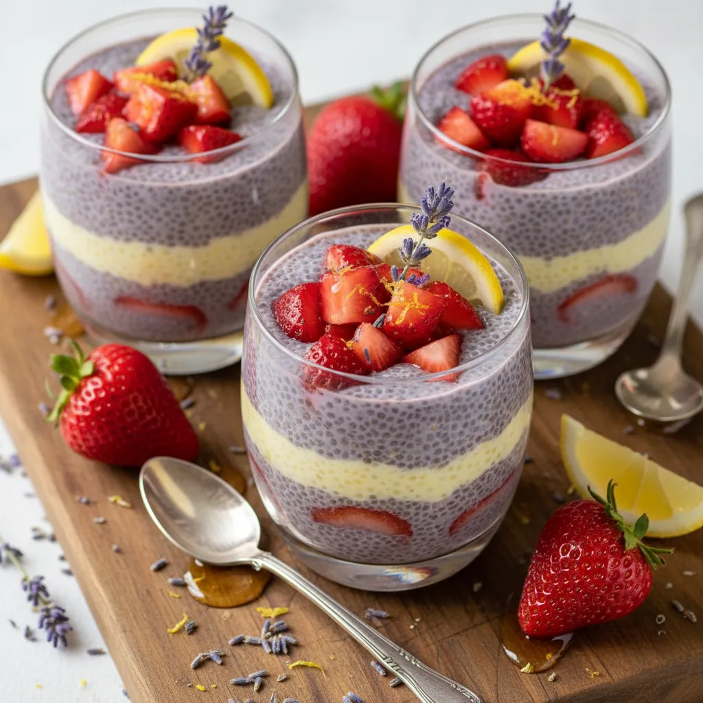 Lavender Lemon Chia Pudding Parfaits with Honeyed Strawberries