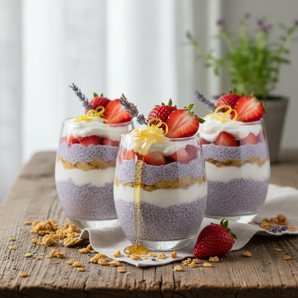 Lavender Lemon Chia Pudding Parfaits with Honeyed Strawberries