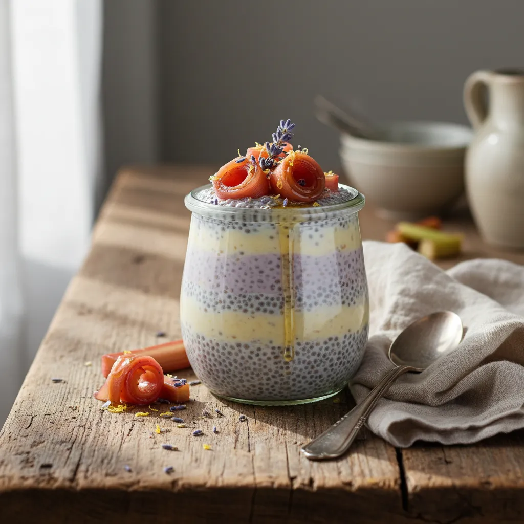 Lavender Lemon Chia Pudding with Honeyed Rhubarb