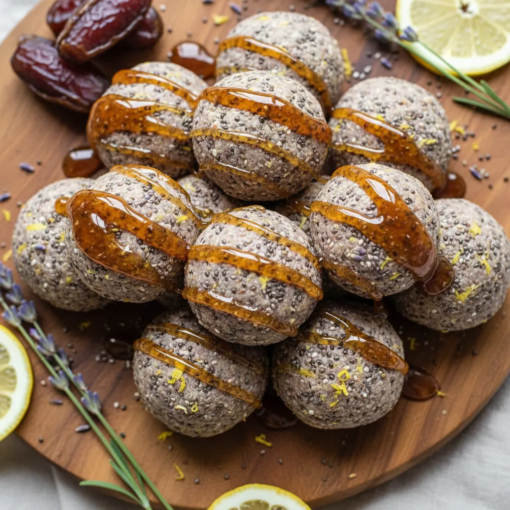 Lavender Lemon Chia Seed Energy Bites with Date Drizzle