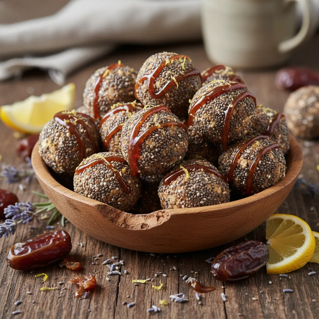 Lavender Lemon Chia Seed Energy Bites with Date Drizzle