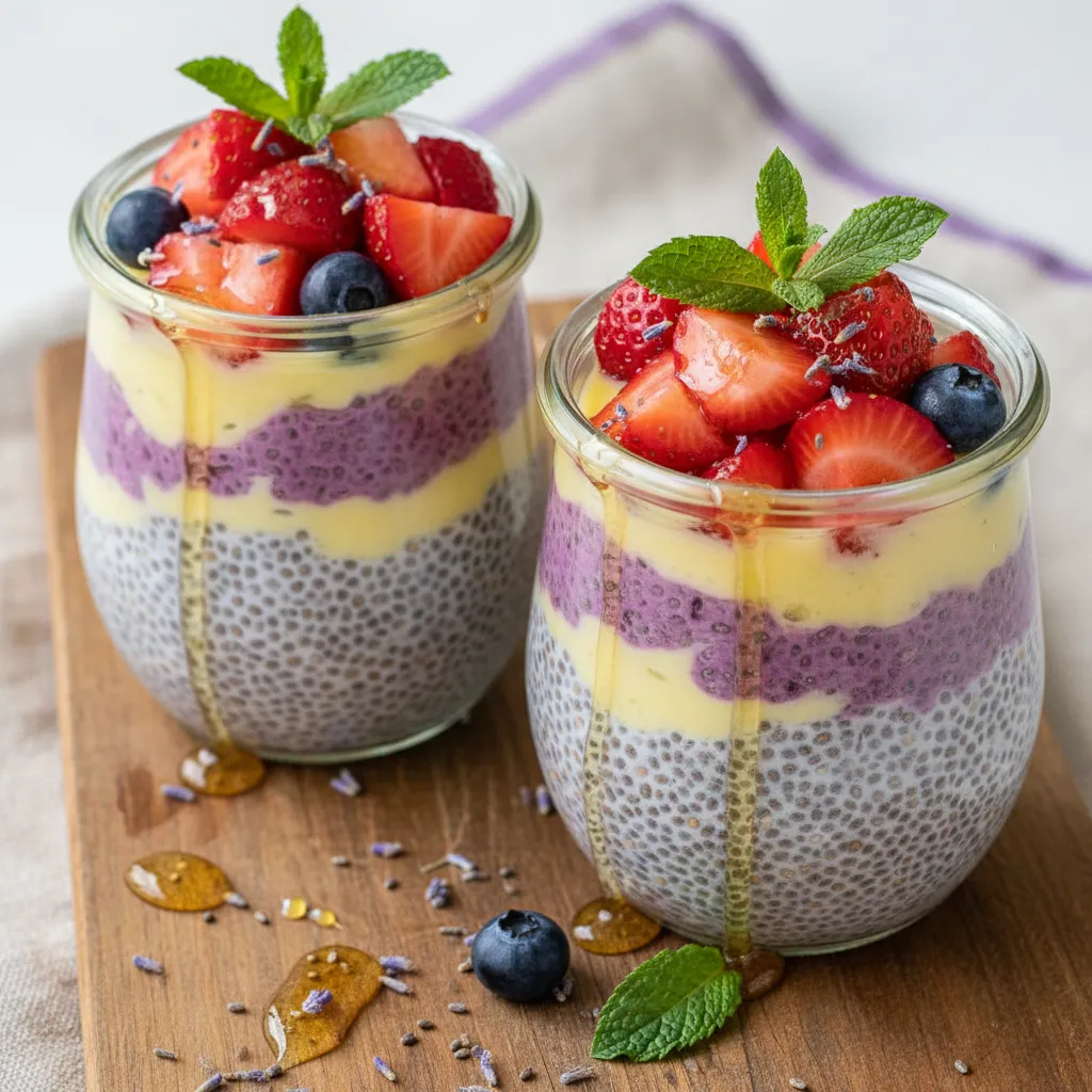 Lavender Lemonade Chia Pudding Cups with Honeyed Strawberries