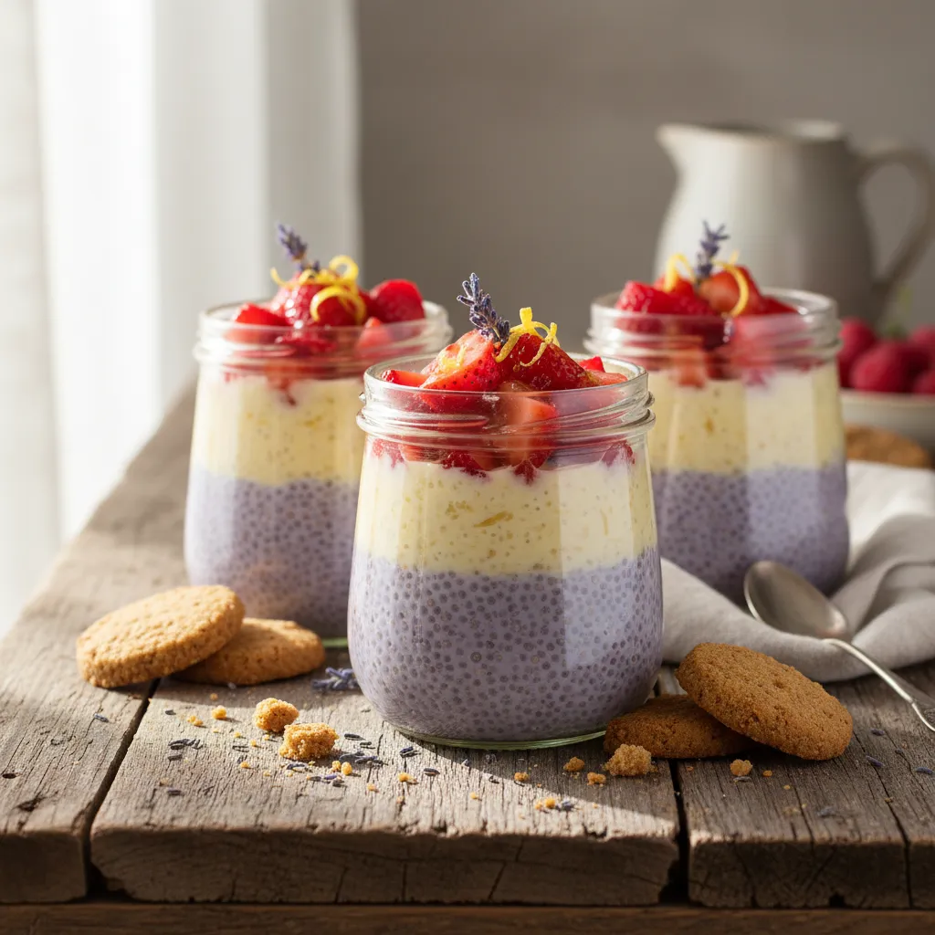 Lavender Lemonade Chia Pudding Cups with Honeyed Strawberries