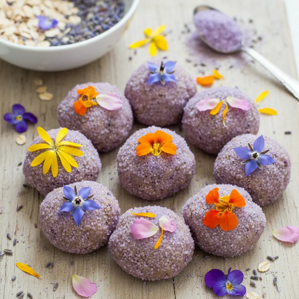 Lavender Sugar Cookie Energy Bites with Edible Flowers