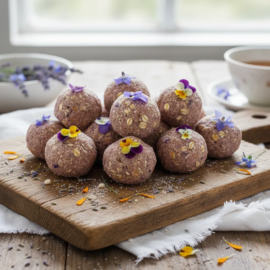 Lavender Sugar Cookie Energy Bites with Edible Flowers