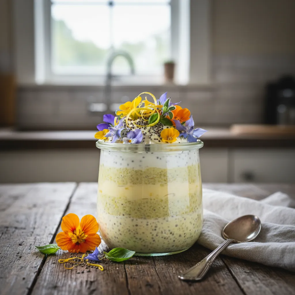 Lemon Basil Chia Energy Pudding with Edible Flower Garnish