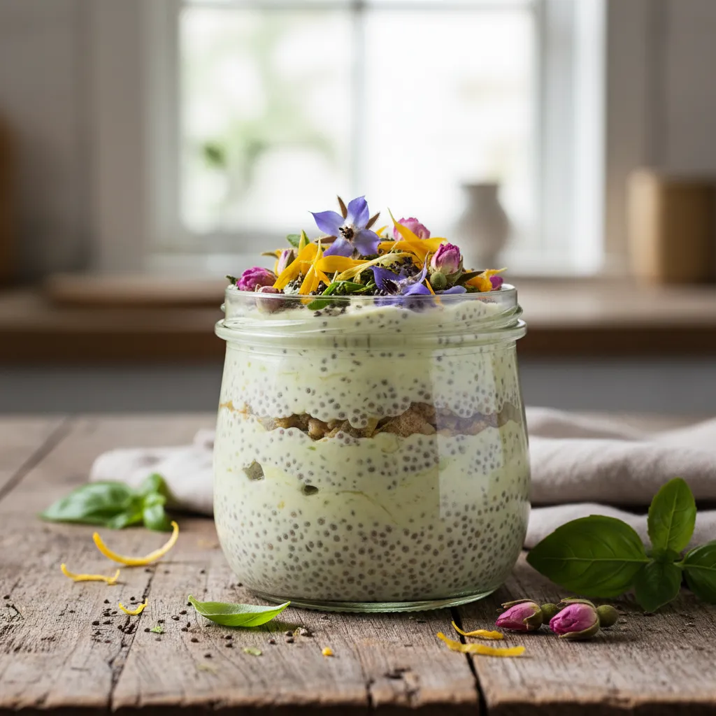 Lemon Basil Chia Pudding with Edible Flower Garnish
