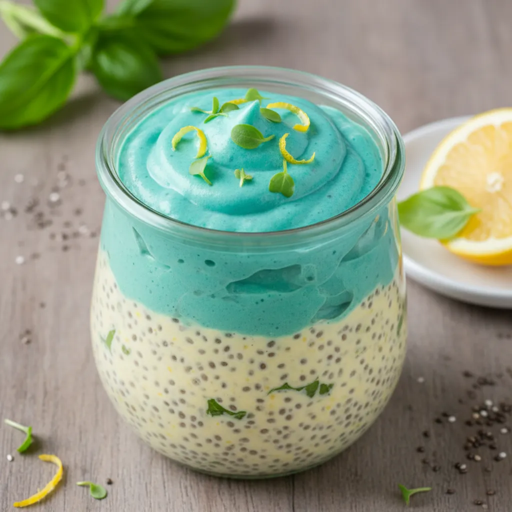 Lemon Basil Chia Pudding with Spirulina Whip
