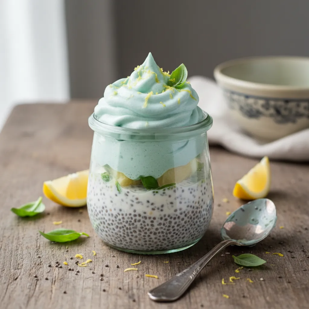 Lemon Basil Chia Pudding with Spirulina Whip