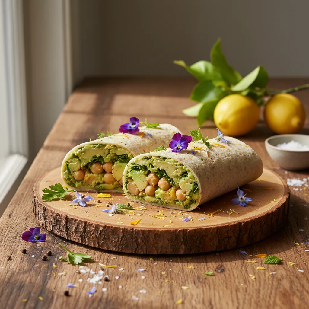 Lemon Herb Avocado Chickpea Wraps with Edible Flowers
