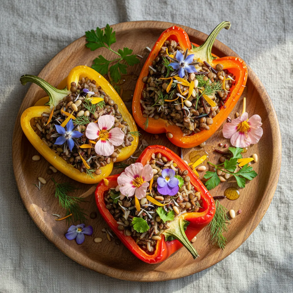 Lentil and Edible Flower Stuffed Bell Peppers