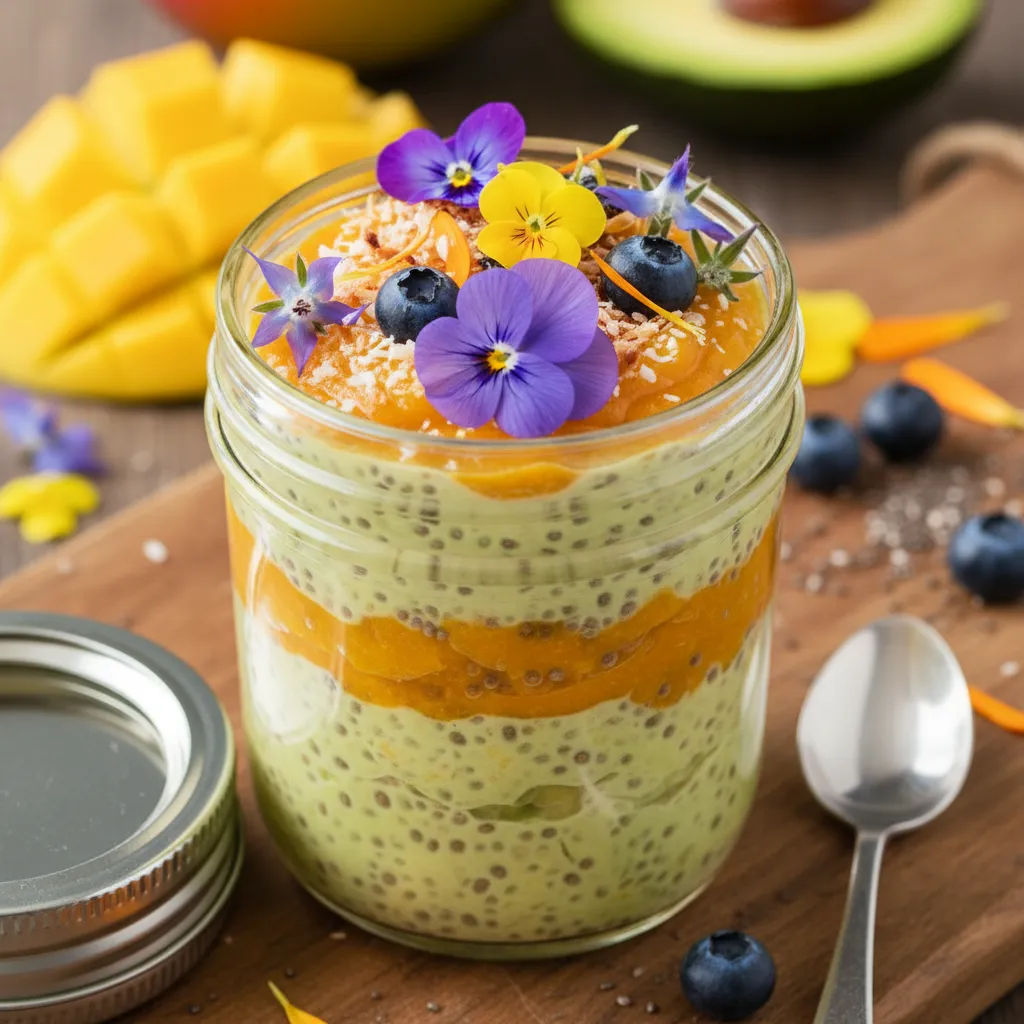 Mango Avocado Chia Parfait with Edible Flower Garnish