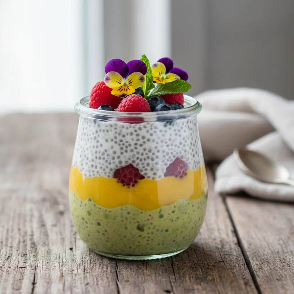 Mango Avocado Chia Parfait with Edible Flower Garnish