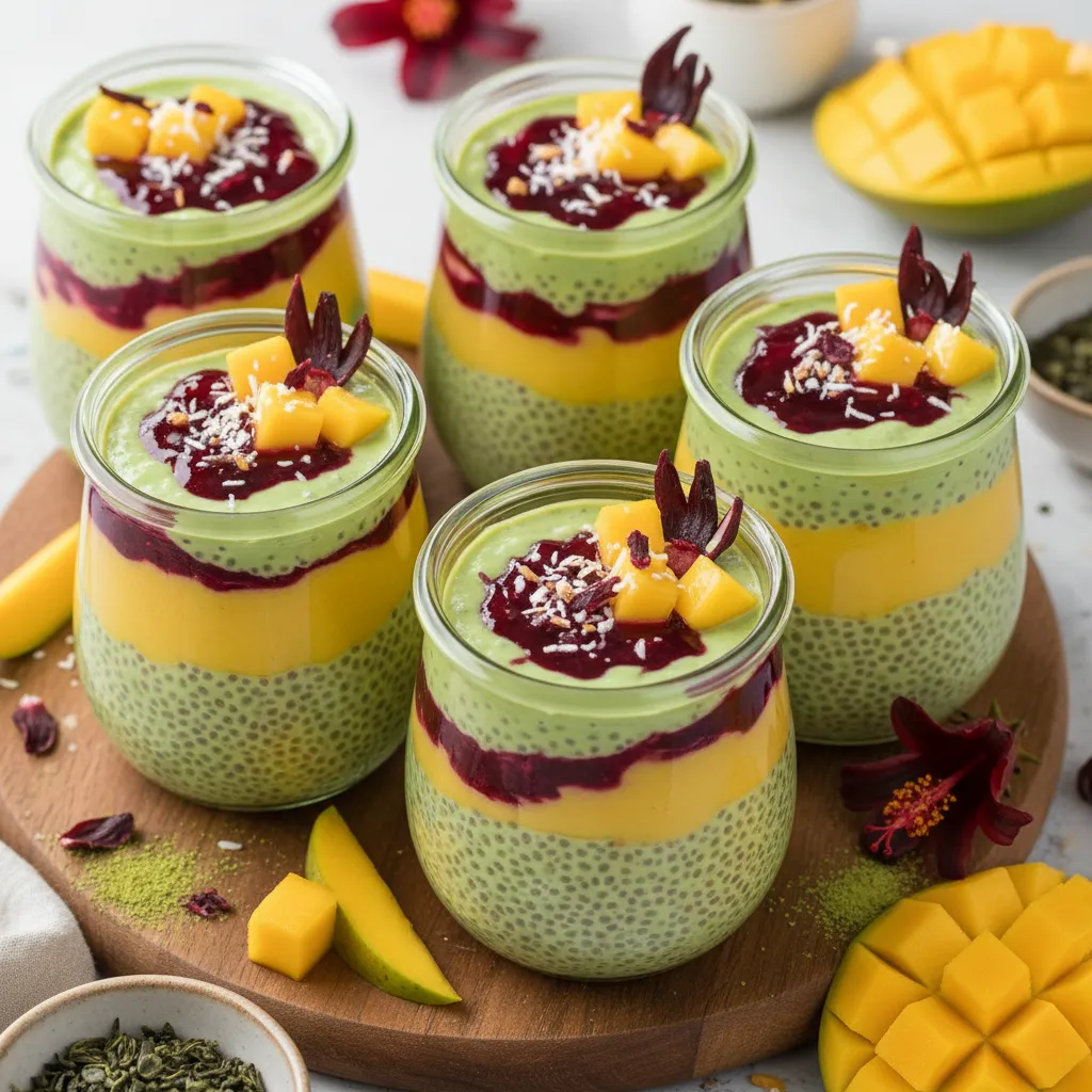 Mango Matcha Chia Pudding Parfaits with Hibiscus Swirl